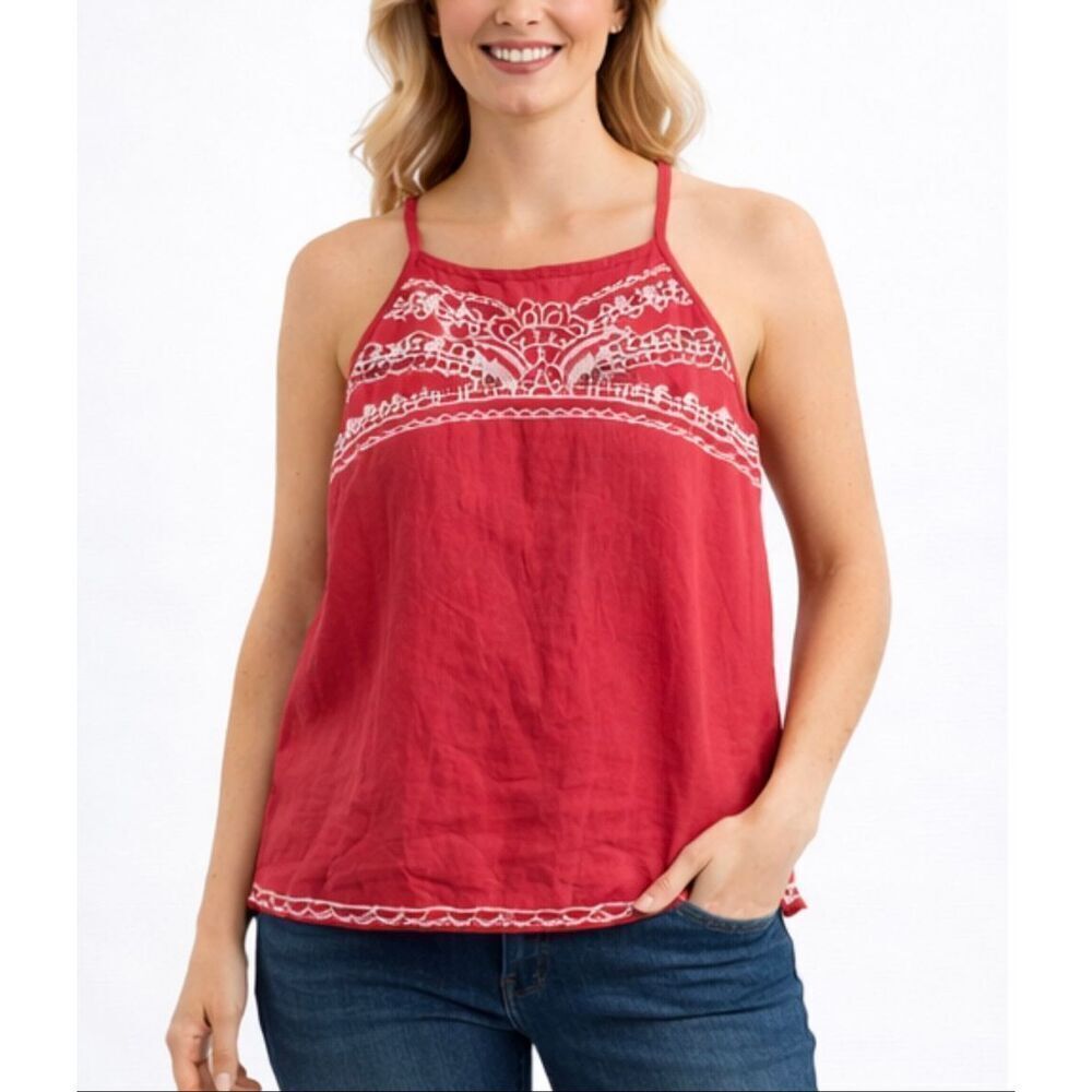 Gap 100% linen red embroidered halter tank size small